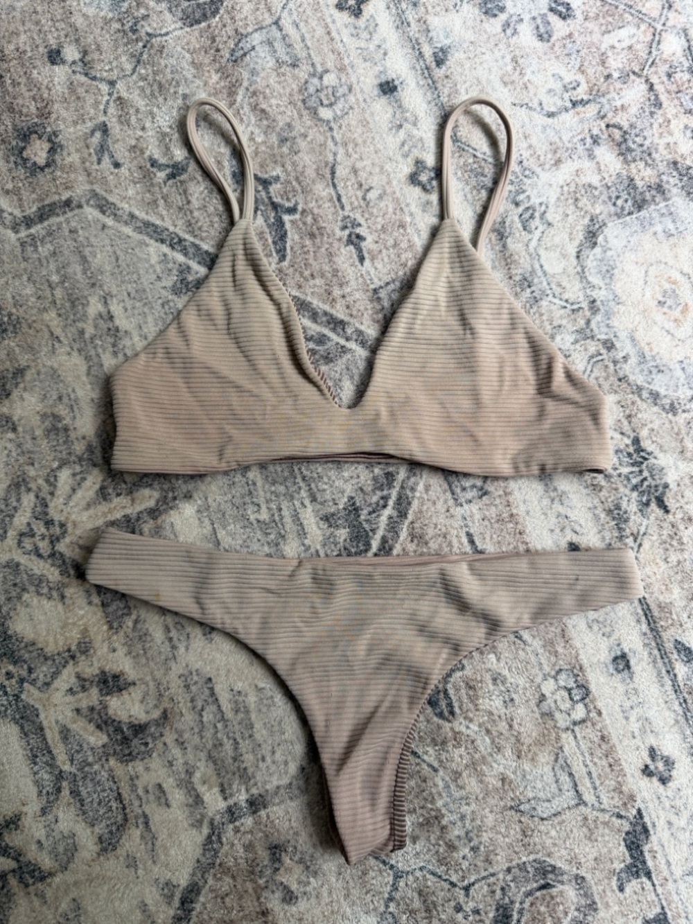 Beige Ribbed Triangle Bikini Set - Women Swim Bikinis
